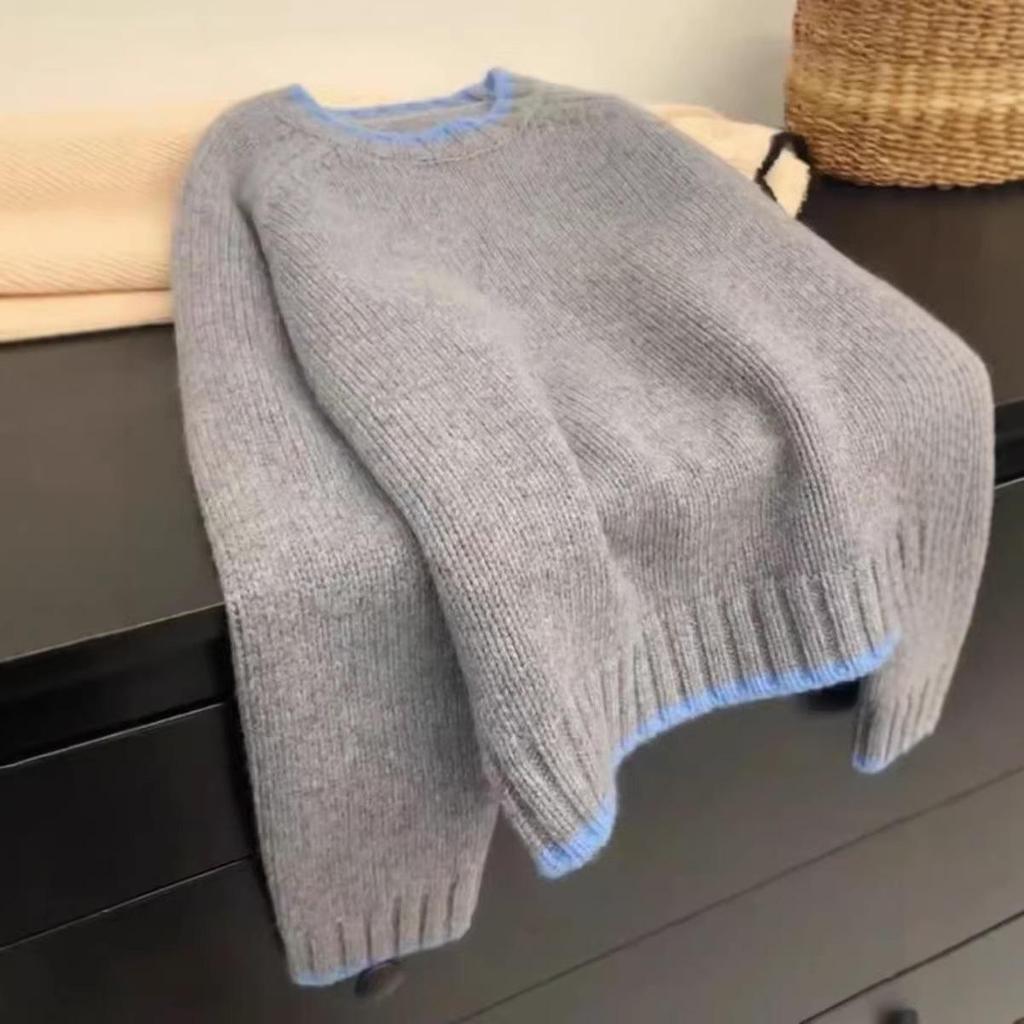 Women's Color Block Wool Sweater - Thick, Soft, Loose Fit, Fall/Winter 2025, Round Neck Knit