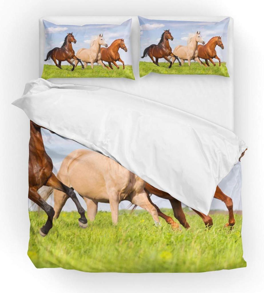 Horse And Green Grass Duvet Cover Set For Kids Boys Girls Teens Lightweight Quilt Covers Spring Themed Bedding Set Bedroom Decor