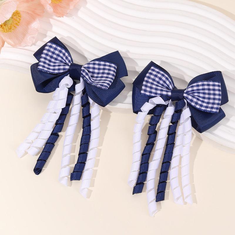2Pcs Plaid Ribbon Butterfly Bow Hair Clip with Red Blue Contrasting Spiral Tassel Hair Accessory Girls Sweet Side Clip