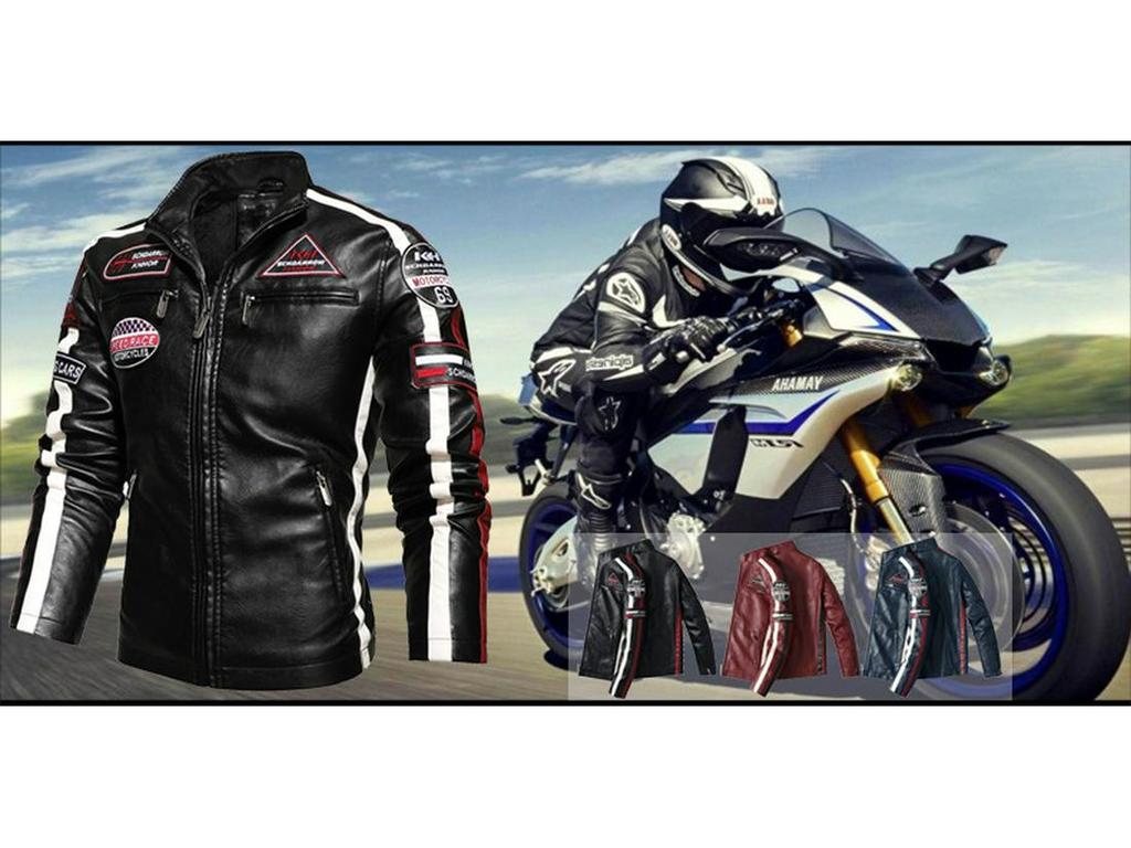 Men's Color Block PU Leather Jacket with Fleece Lining, Motorcycle Racing Style