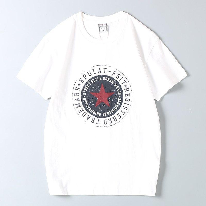 Foreign Trade Export Surplus Comfortable All-Cotton Summer New Men's Fashion Round Neck Five-Pointed Star Print Short-Sleeve T-Shirt