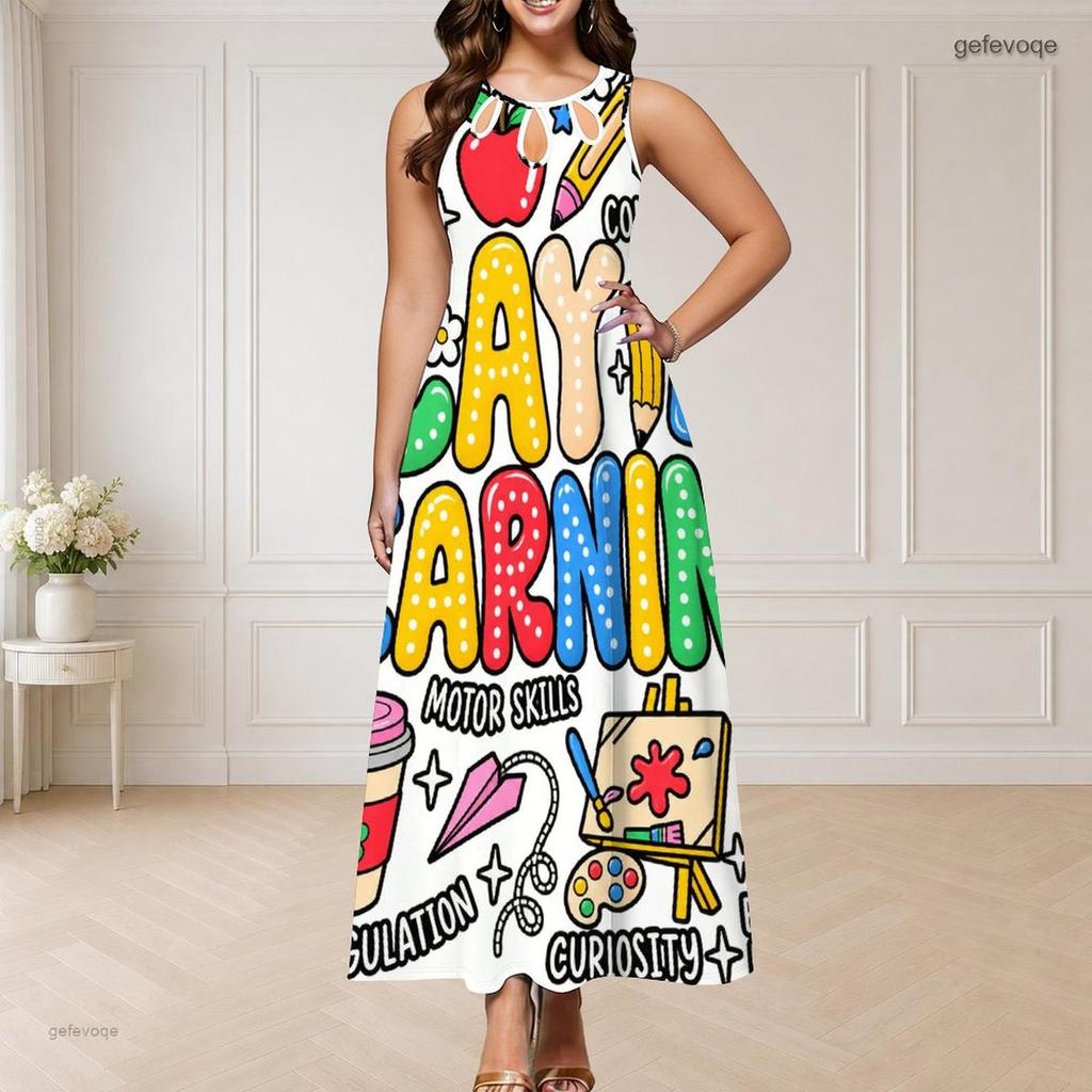 Women Plus Size Sleeveless Round Neck Triple Keyhole Cutout Black Gold Beige Printed Long Dress