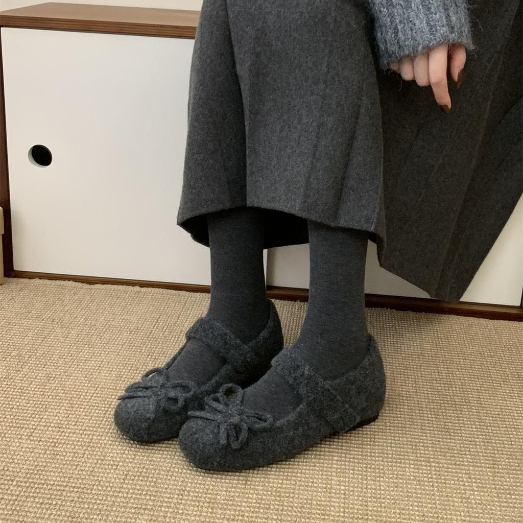 4CM Inner Height Increase~ Mary Jane Fluffy Shoes for Women In Winter, New Gray Woolen Single Shoes for Women's Thick-soled Velvet Cotton Shoes