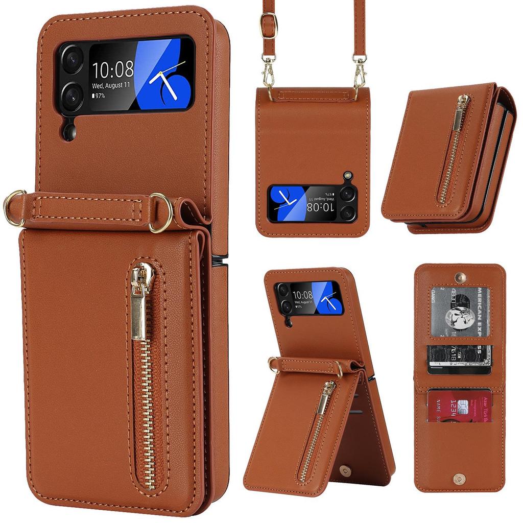 Samsung Z Flip7 Crossbody Leather Case with Zipper Card Slot