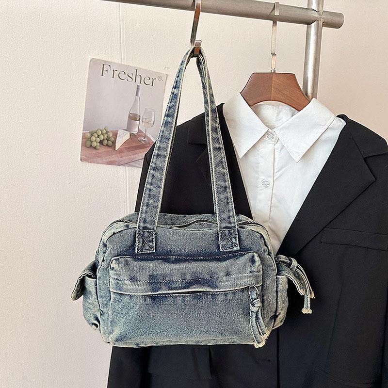 Spring New Large Capacity Washed Denim Shoulder Bag Lazy Style Student Simple Commuting Bag Casual and Minimalist Tote Bag
