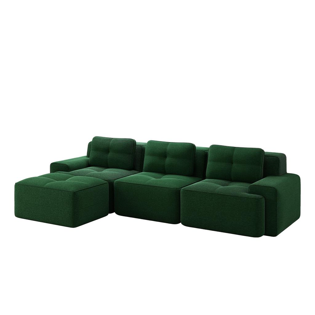Cloud Modular Sofa Boneless L-Shaped Sofa, Modular Sofa with Ottoman, 3-Seater Corduroy Cloud Sofa for Living Room, Assembly-Free Sofa, Green