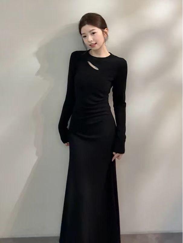 Elegant French-Style Waist-Cinched Hollow Out T-Shirt Dress for Women, Autumn 2025 M