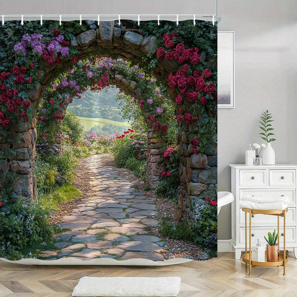 Shower Curtain: Enchanted Garden Path with Stone Archway and Blooming Roses for a Romantic and Scenic Bathroom Decor