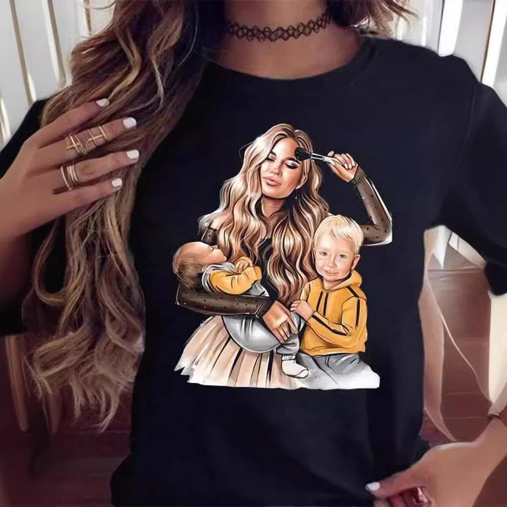 Cartoon Mother and Son Daughter Printed Women's T-Shirt Summer Casual Harajuku Mom Printed Short Sleeves