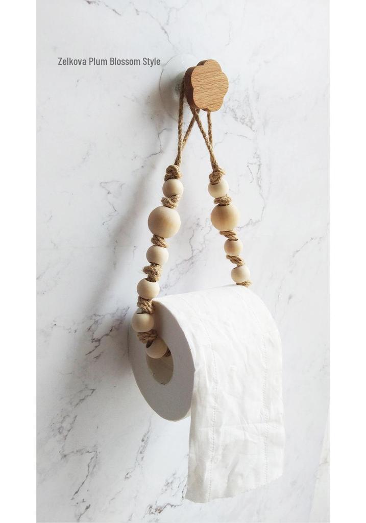 Hand-Woven Toilet Paper Holder with Hemu Beads and Hemp Rope, No-Punch Installation