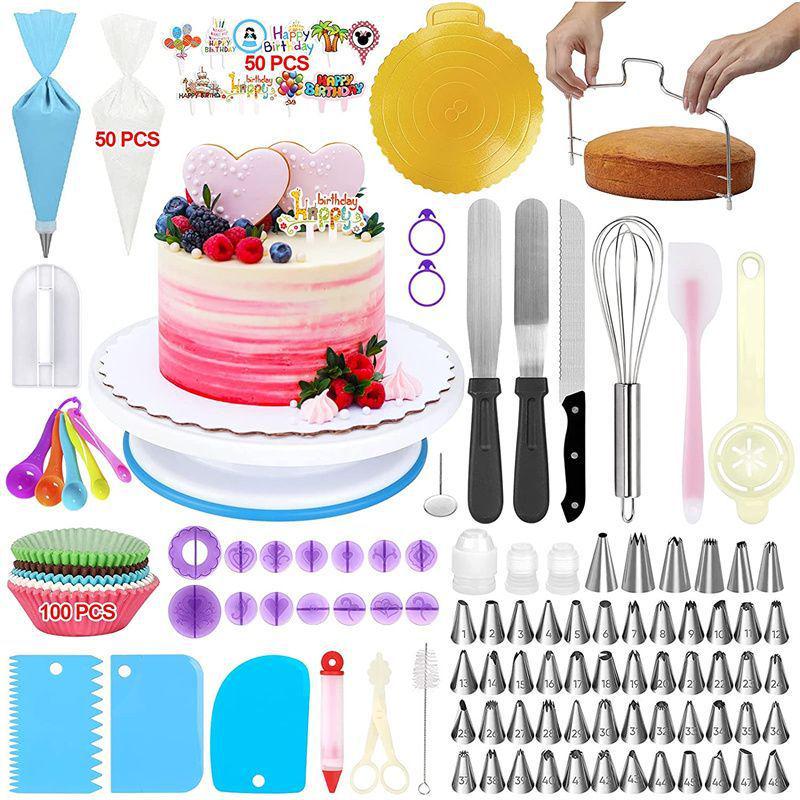320-Piece Cake Decorating Kit: Turntable, Nozzles, Piping Bags, Scrapers, Spatulas, Muffin Cups
