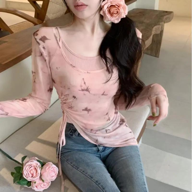 Womens Tie-Dye Mesh Two-Piece Drawstring Long Sleeve Top S розовый