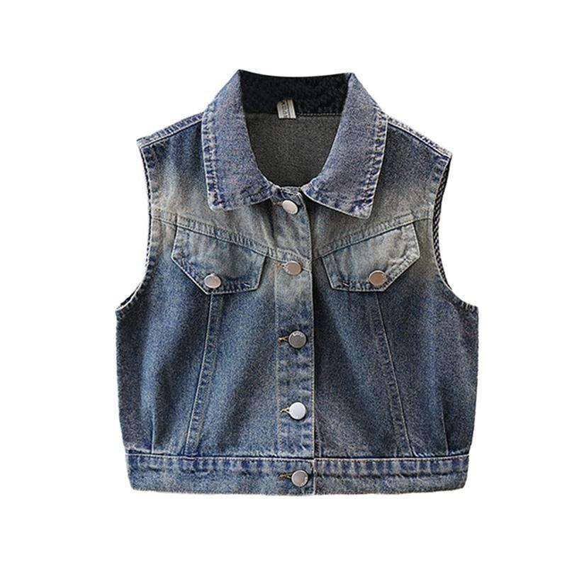 

Детский джинсовый жилет с вышивкой на лацканах, без рукавов, на пуговицах, для девочек 2-14 лет 140