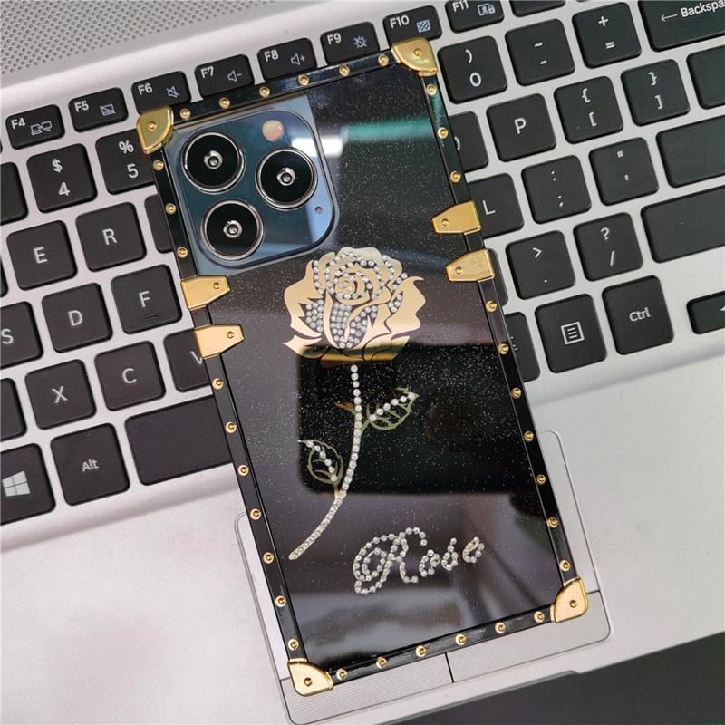 Luxusní Glitter Gold Rose Flower Cover Square Diamond Case pro Samsung Galaxy Huawei Xiaomi Redmi iPhone VIVO OPPO