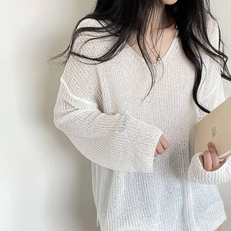 Summer Ice Silk Thin V-neck Sunscreen Sweater Coat Long Sleeve Knitted Hoodie Top T-shirt Air Conditioning Clothes