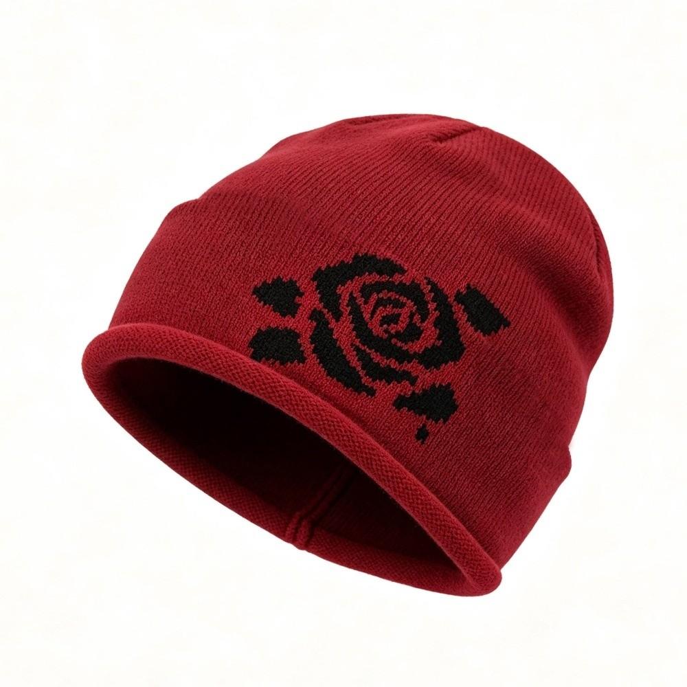 Ear Protection Warm Knitted Hat Soft Knit Rose Jacquard Beanie Winter Hat Daily Wear