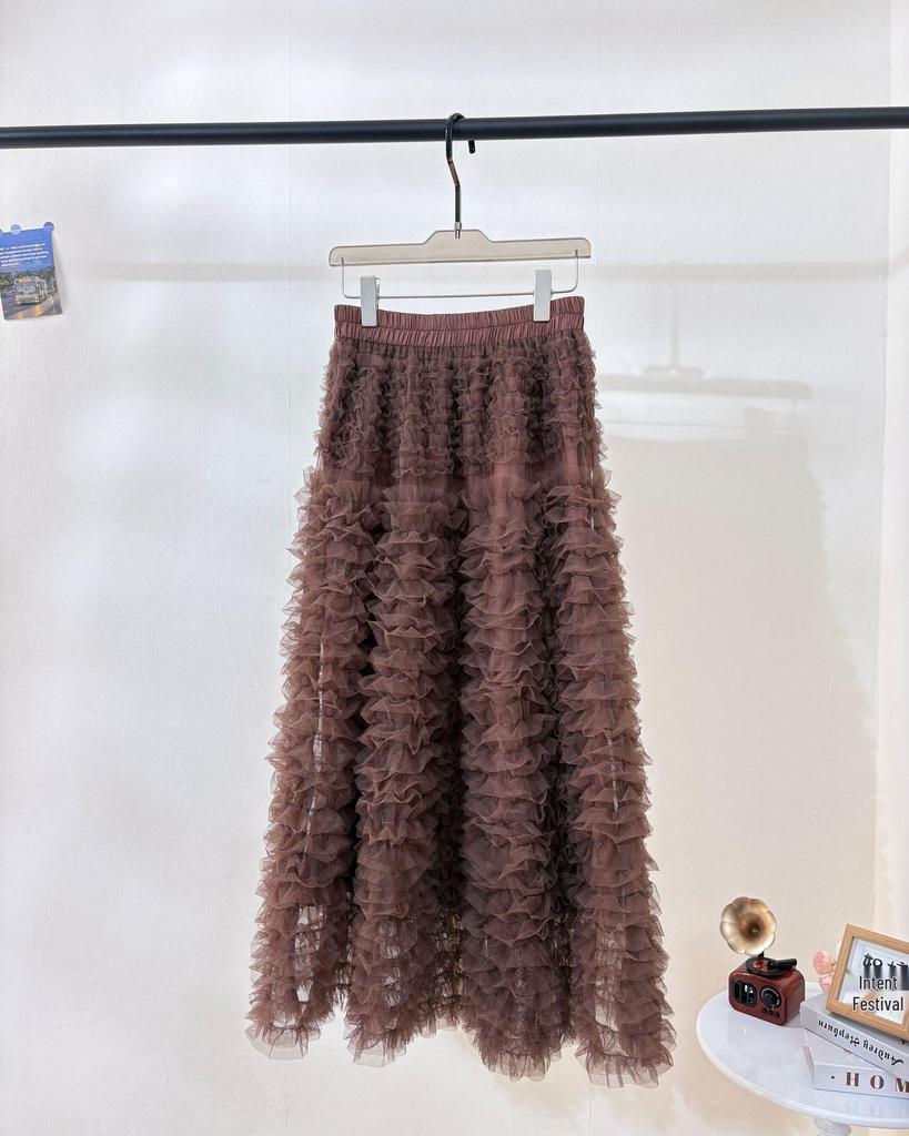 Sweet Apricot Embroidered Mesh Ruffle Midi Skirt - Fluffy, Layered and Versatile for Autumn/Winter
