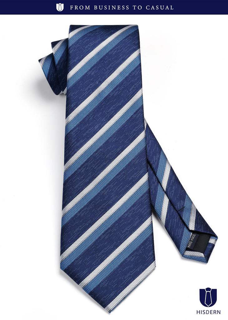 [HISDERN] Blue Men's Formal Business Tie and Pocket Square Set, Striped Pattern, Perfect for Weddings, Job Interviews, Entrance Ceremonies,