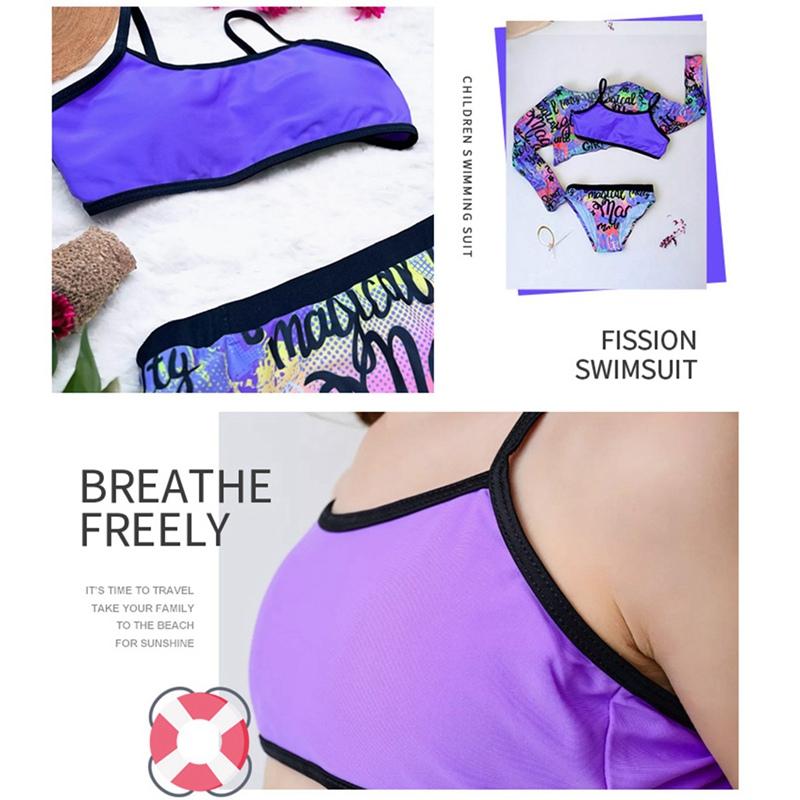 7-12 let Děti Dívky Graffiti Plavky Dlouhý Rukáv Top s Vysokým Pasem Podprsenka a Kalhotky 3ks