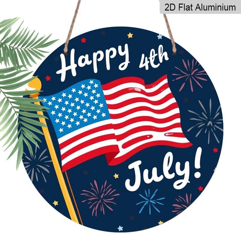 2D Flat 1pc, 8x8 In, Happy Fourth of July Round Aluminum Metal Sign, Fireworks & Stars Design, Inspired Wall Art for Living Room, Bedroom, Porch