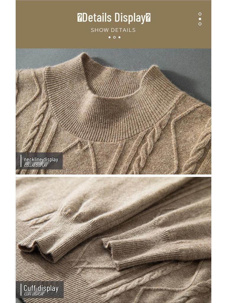 Men's Cashmere Half-High Neck Long Sleeve Knit Sweater - Warm, Business Casual, Plus Size Available