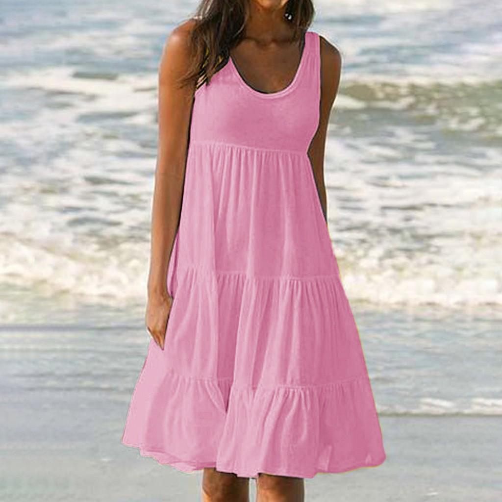 Solides, ärmelloses Party-Strandkleid für Damen im Urlaub und Sommer