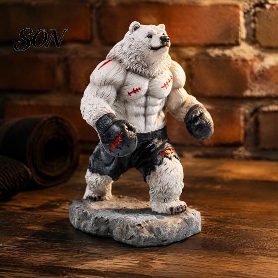 White Bear Sculpture Resin Boxing Figurine, Muscle Statue for Desk Decor, Brown Office and Home