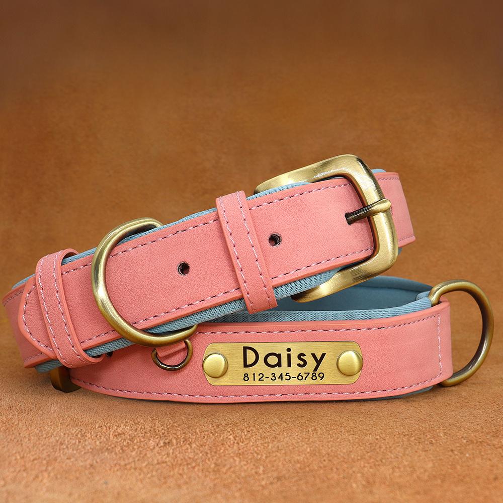 Custom PU Leather Dog Collar Free Engraving Dog Collars Adjustable Pet Pitbull Necklace Soft Padded for Small Medium Large Dogs