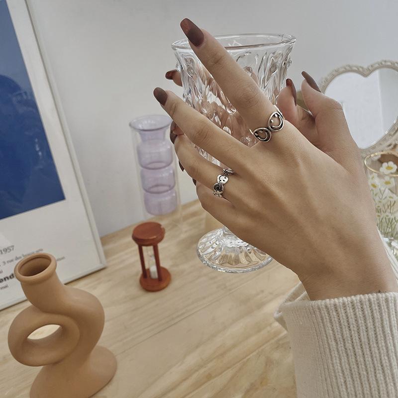 ANENJERY Smiling Face Rings for Women Men Thai Silver Open Finger Rings Wholesale