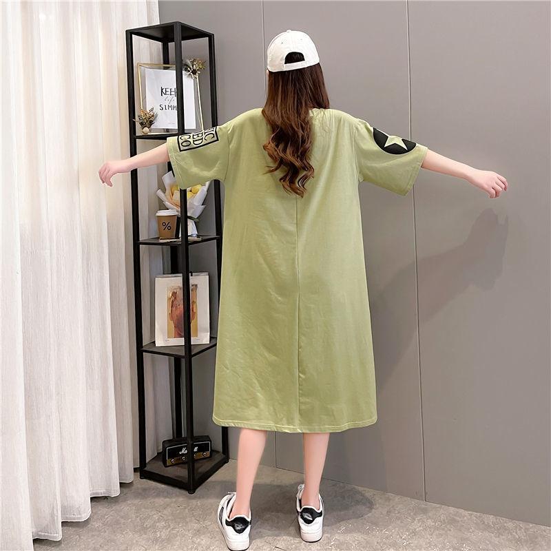 Plus Size Women Summer Short Sleeve Dress Korean Style Loose Mid Dresses Oversized Letter Print Black Dress
