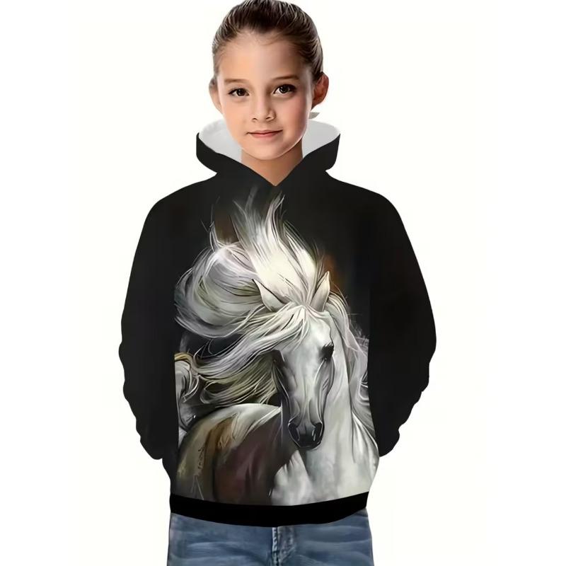 Vêtements Cool pour Filles Équestres Animaux Impression 3D Automne Sweats à Capuche Manches Longues Amples Légers Sweat Confortable Vêtements pour Enfants