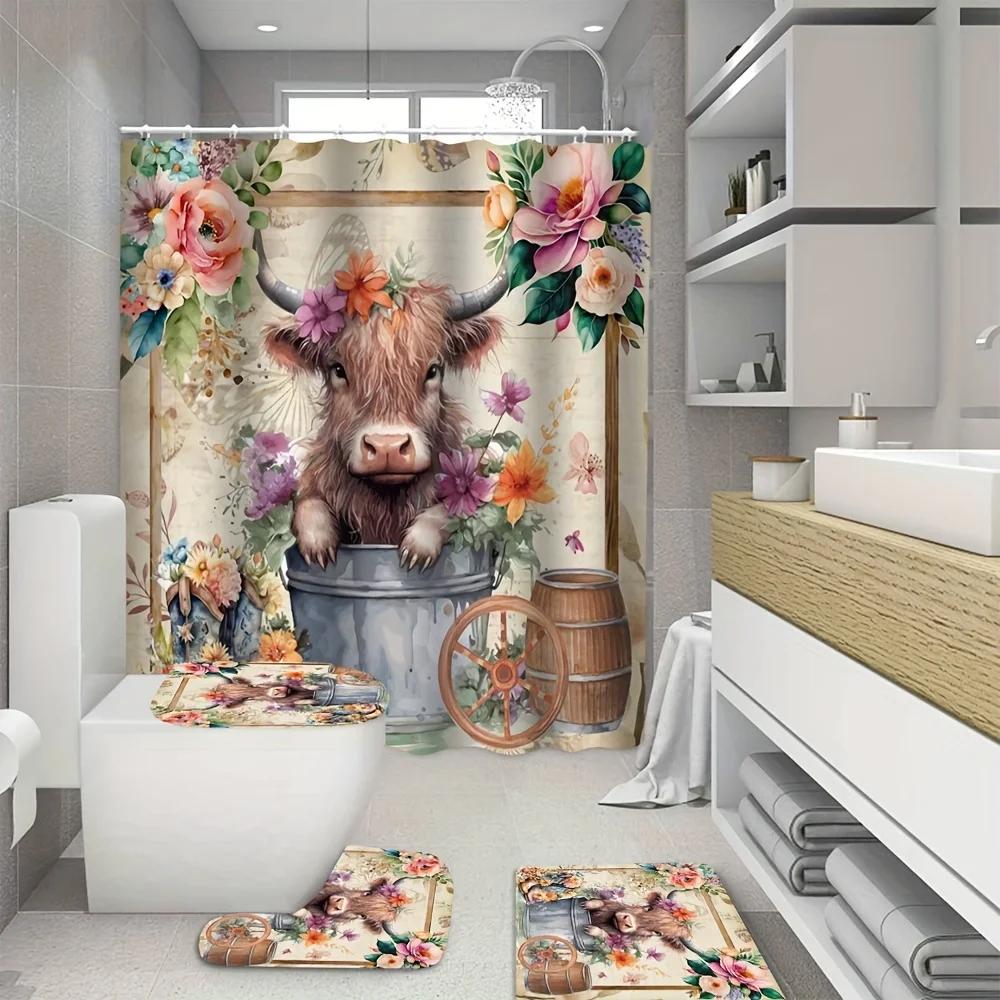 Charming Highland Cow & Floral Shower Curtain Set With Non-Slip Bath Mat, Toilet Lid Cover - Rustic Farmhouse Decor, Waterproof, W60H190(CM)-1 Pcs