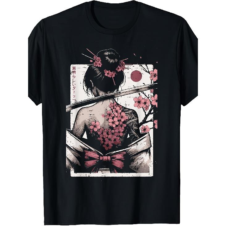 Japanese Woman Cherry Blossom Tattoo Art Geisha Women Men T-Shirt T-Shirt Versatile Perfect for Home Work Outdoor Gifting (Valentine'S Day Birthdays