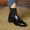 Retro Patent Leather Stone Pattern Chelsea Short Boots Women's 2025 Autumn and Winter New British Round Head Thick Heel Elastic Martin Boots