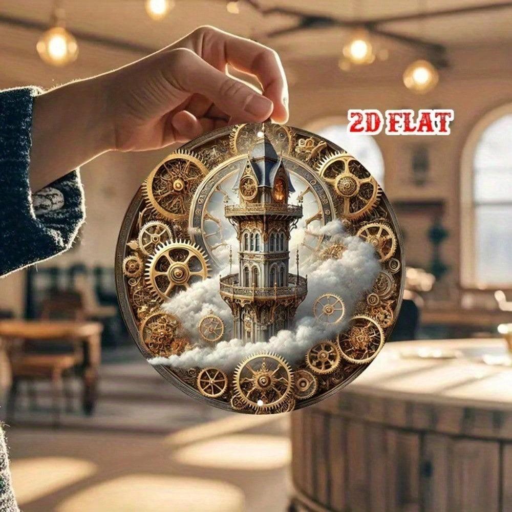 Steampunk Metal Wall Art Round Gear Bell Tower Vintage Decor for Home Cafe