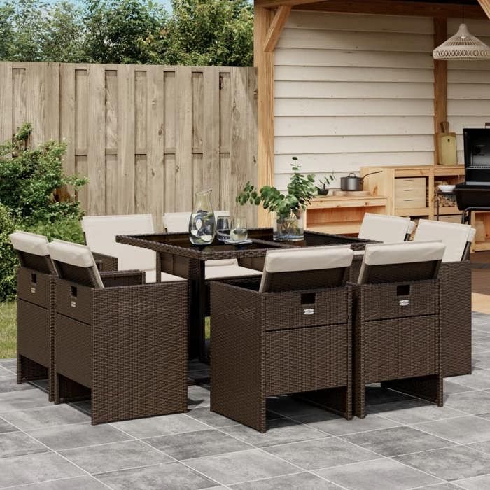 VidaXL Ensemble à Manger de Jardin avec Coussins 9 pcs, Table et Chaise de Terrasse, Meubles de Patio, Mobilier d'Extérieur 3210657