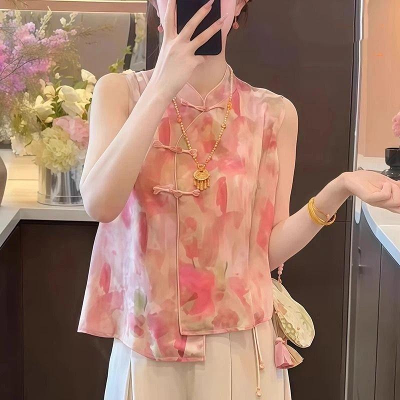 Women Watercolor Floral Print Mandarin Collar Frog Button Sleeveless Satin Blouse M