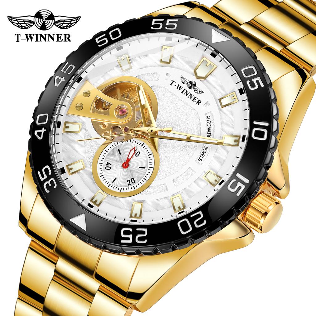 T-WINNER Neue Mode Wasserdichte Mechanische Herren-Automatik-Uhr mit Leuchtzeigern und Edelstahlarmband 3BAR Wasserdichtigkeit