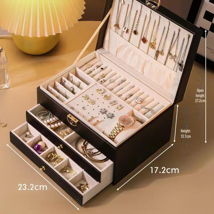 Exquisite dreischichtige Schmuckaufbewahrungsbox mit großem Fassungsvermögen und mehrschichtiger Schublade für Halsketten, Ohrringe und Handschmuck