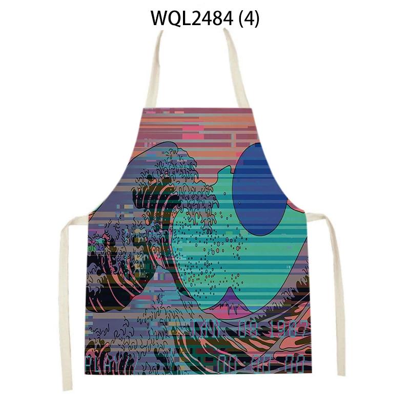 Japanese Style Kitchen Waves Sunrise Print Aprons for Women Linen Pinafore Bibs Household Cleaning Home Cooking Apron