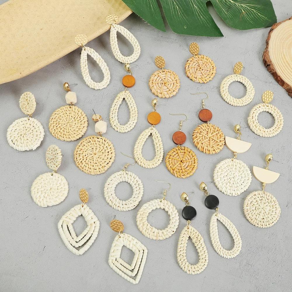 Bohemia Trend Bamboo Rattan Hand-woven Dangle Earrings for Women Creativity Charm Summer Beach Dangle Jewelry Holiday Accessory