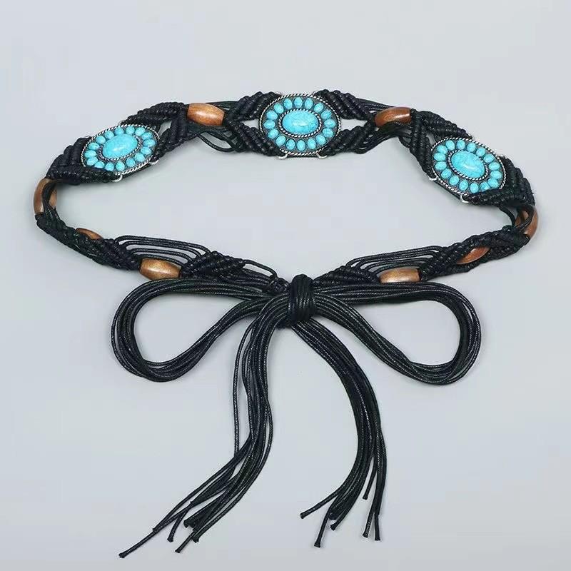 Ethnic Bohemian Leather Waist Rope With Turquoise Resin Beads For Women