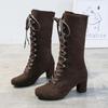 Winter New Coarse Heel Shoes Women's Round Head Suede Front Cross Strap Rivets Anti-slip Wear-resistant High Boots