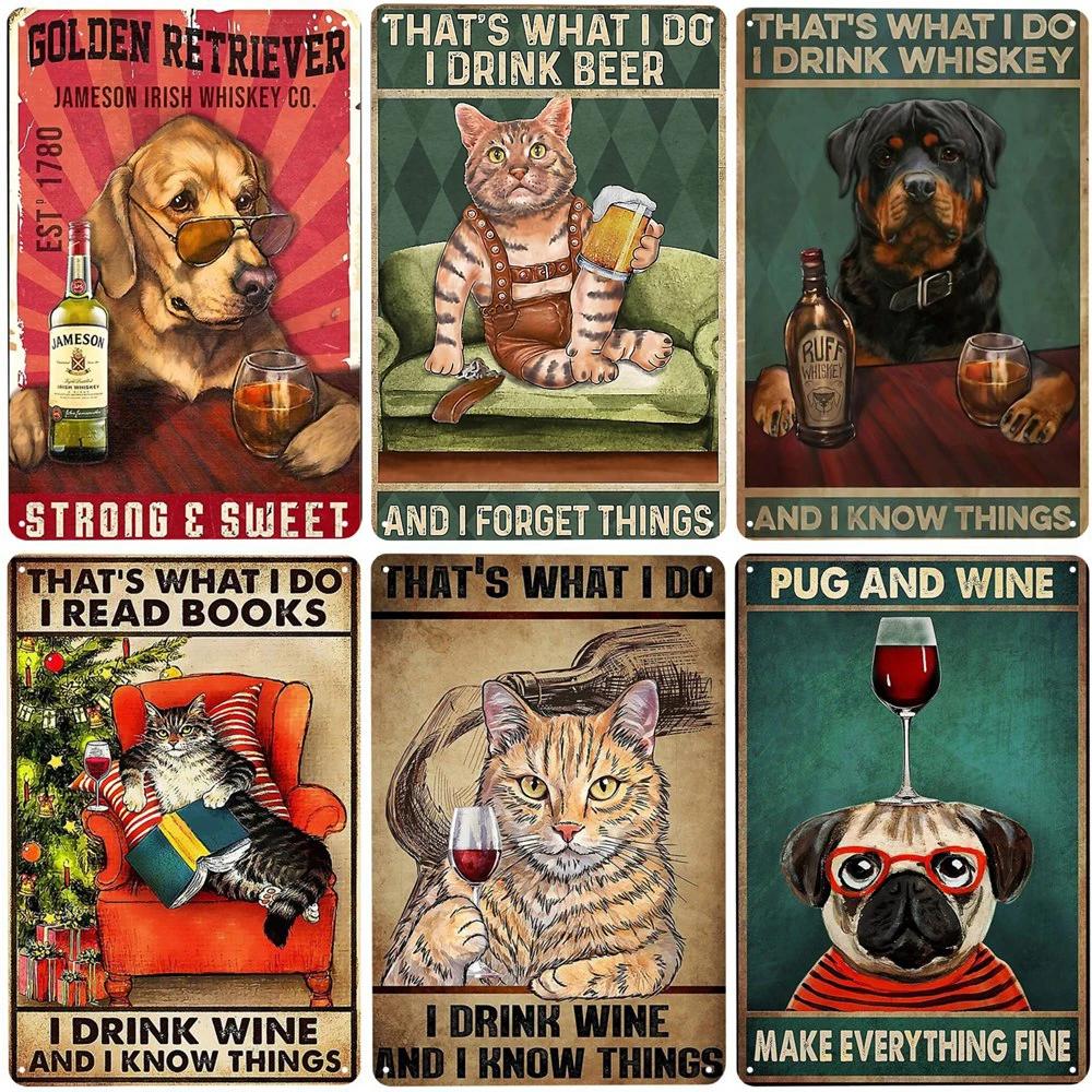 Cats and Wine Vintage Metal Sign Dog and Beer Wall Decoration for Bar Home Club Let Evening Be-Gin Tin Poster Funny Plate