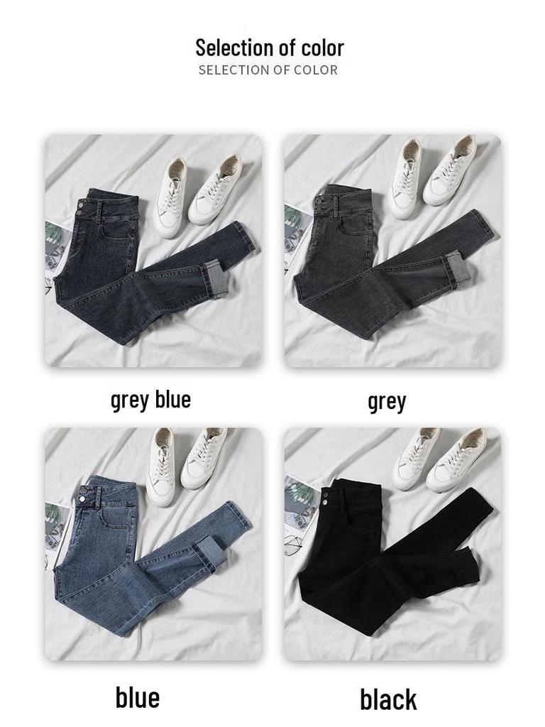 Women's High Waist Elastic Denim Skinny Pants - Double Button Pencil Style for Spring, Autumn, Winter