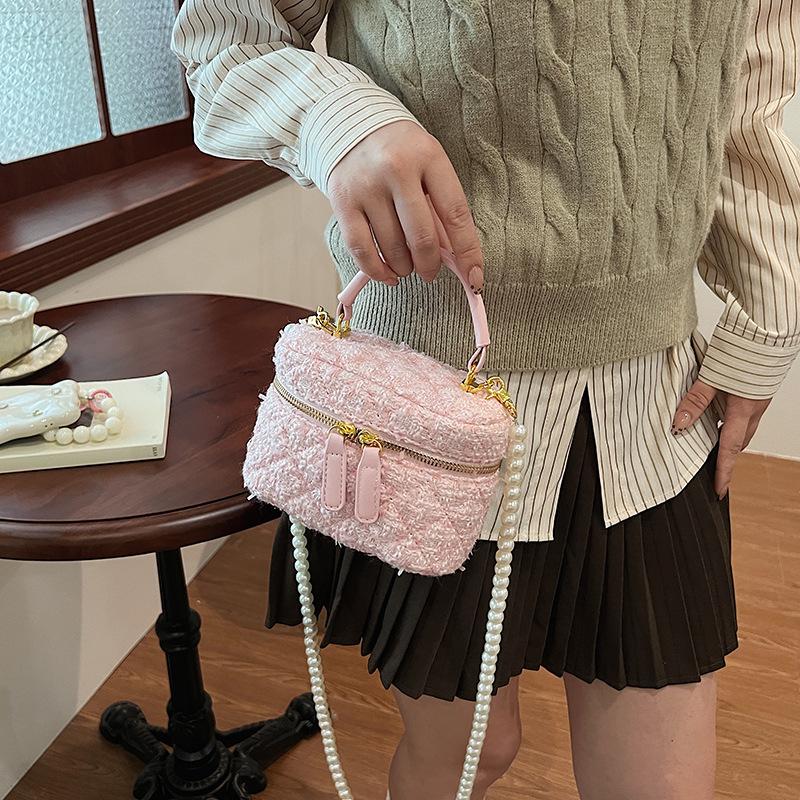 Xiaoxiangfeng Woolen Handbag Women'S Fashion Rhombus Pearl Chain Bag Shoulder Bag