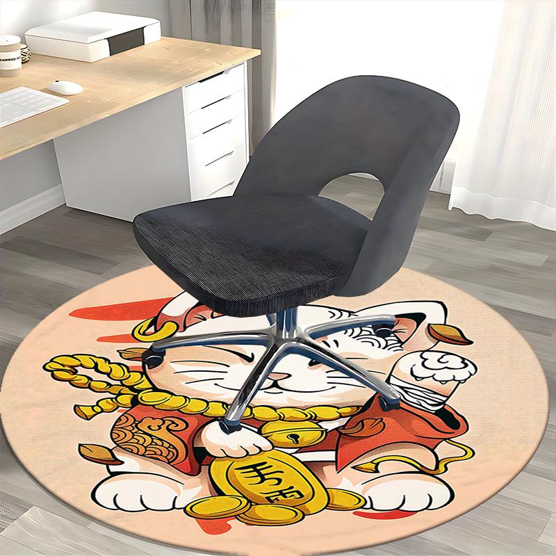 1pc Anime Cat with Gold Coin Round Carpet - Office Chair Mat, Non-Slip Rug for Home Decor, Seasonal Gift, Suitable for Office, Living Room, Bedroom, G