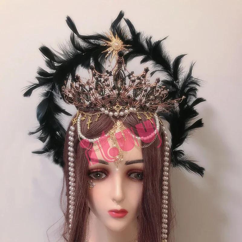 Lolita Corona Aureola Solare Fascia per Capelli Catena di Perline con Nappe Ali d'Angelo Fascia con Spine di Rosa Gotico Vintage Diadema Mary Barocco Copricapo