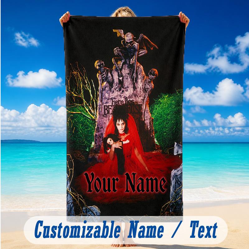 Beach Towel Custom Name Text, Quick Dry Large Towel For Beach HomeBeetlejuice Lydia Deetz