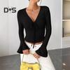Women Tops V-neck Flared Long Sleeve Lace-up Pullover Tops Slim Fit Solid Color Casual Tops Versatile Daily Wear